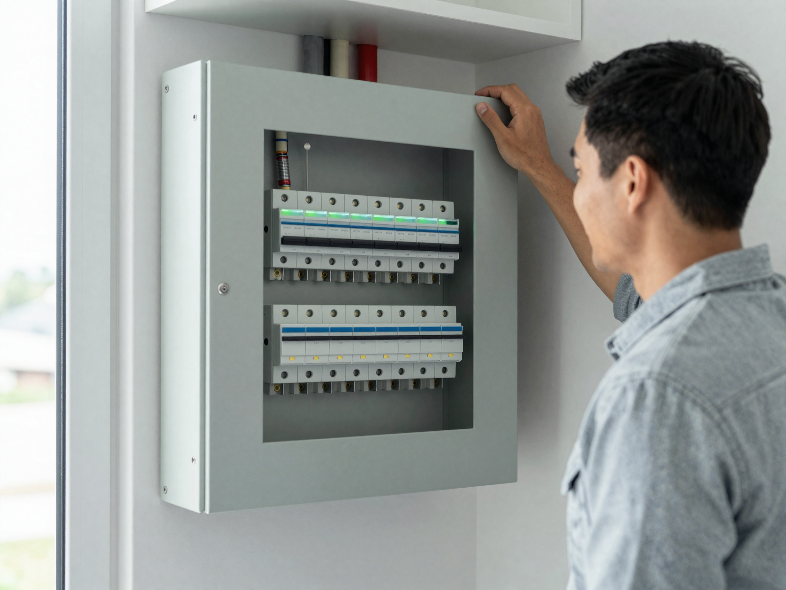 Professional circuit breaker panel installation with LED lighting
